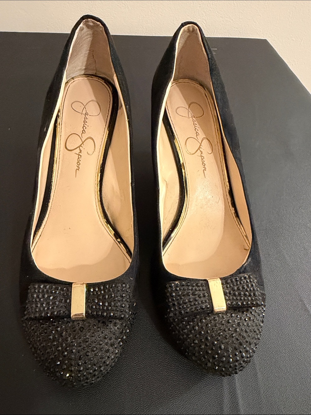 Jessica Simpson Black Crystal Bow Heels with Gold Accent